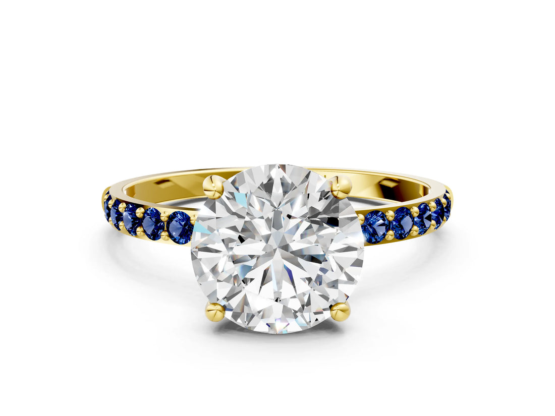 Yellow gold Round Cut Diamond Solitaire Ring with Round with Blue Sapphire side stone Pavé Band and Prong Setting_12