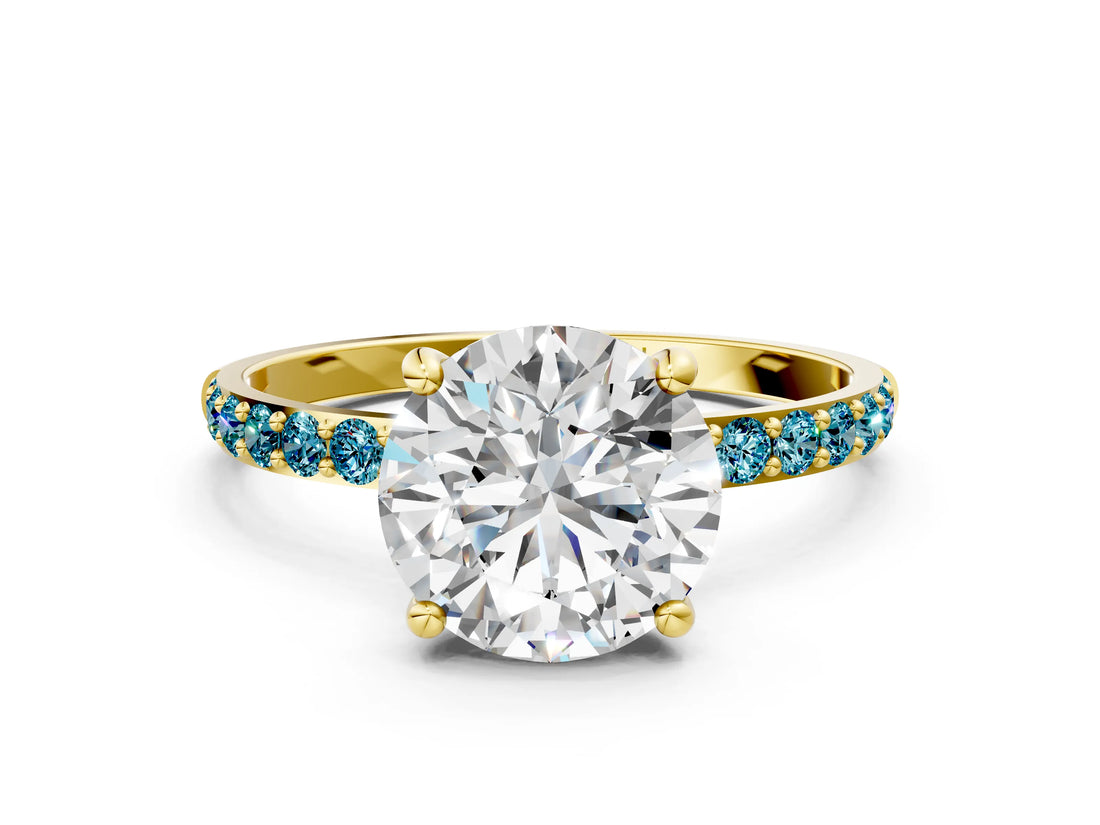 Yellow gold Round Cut Diamond Solitaire Ring with Round with Blue Topaz side stone Pavé Band and Prong Setting_12