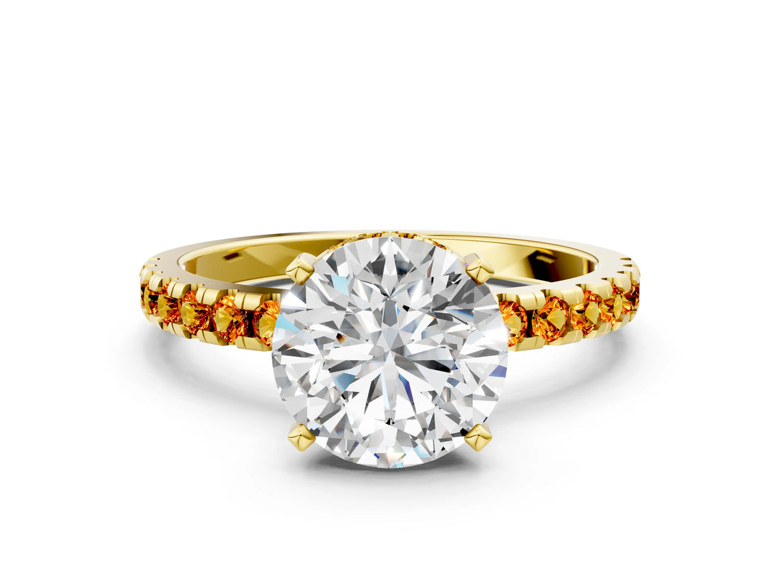 Yellow gold Round Cut Diamond Solitaire Ring with Round with Citrine side stone Pavé Band and Four-Prong Setting_36
