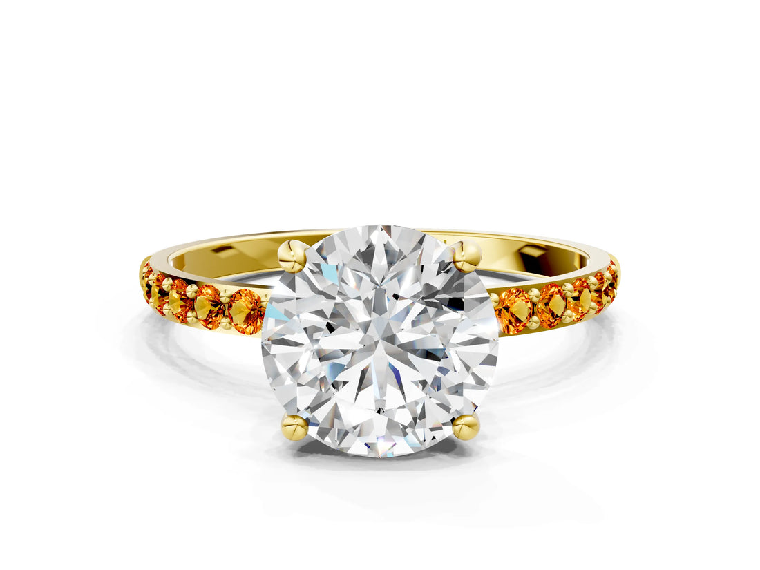 Yellow gold Round Cut Diamond Solitaire Ring with Round with Citrine side stone Pavé Band and Prong Setting_12