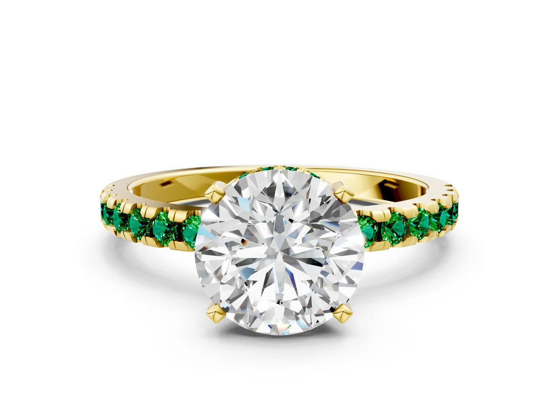 Yellow gold Round Cut Diamond Solitaire Ring with Round with Emerald side stone Pavé Band and Four-Prong Setting_36