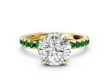 Yellow gold Round Cut Diamond Solitaire Ring with Round with Emerald side stone Pavé Band and Four-Prong Setting_36