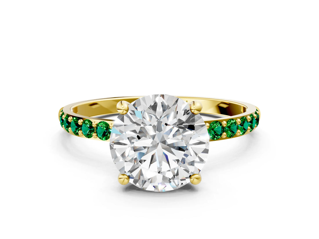 Yellow gold Round Cut Diamond Solitaire Ring with Round with Emerald side stone Pavé Band and Prong Setting_24