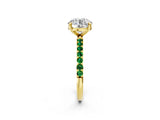 Yellow gold Round Cut Diamond Solitaire Ring with Round with Emerald side stone Pavé Band and Prong Setting_26