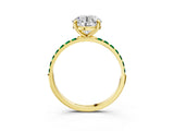Yellow gold Round Cut Diamond Solitaire Ring with Round with Emerald side stone Pavé Band and Prong Setting_27