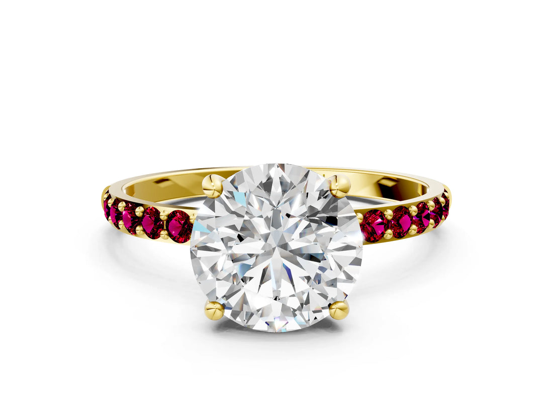 Yellow gold Round Cut Diamond Solitaire Ring with Round with Garnet side stone Pavé Band and Prong Setting_24