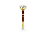 Yellow gold Round Cut Diamond Solitaire Ring with Round with Garnet side stone Pavé Band and Prong Setting_26