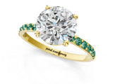 Yellow gold Round Cut Diamond Solitaire Ring with Round with Green Sapphire side stone Pavé Band and Prong Setting_1