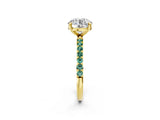 Yellow gold Round Cut Diamond Solitaire Ring with Round with Green Sapphire side stone Pavé Band and Prong Setting_2