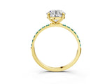 Yellow gold Round Cut Diamond Solitaire Ring with Round with Green Sapphire side stone Pavé Band and Prong Setting_3
