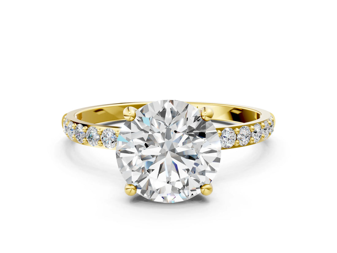 Yellow gold Round Cut Diamond Solitaire Ring with Round with Moissanite side stone Pavé Band and Prong Setting_12