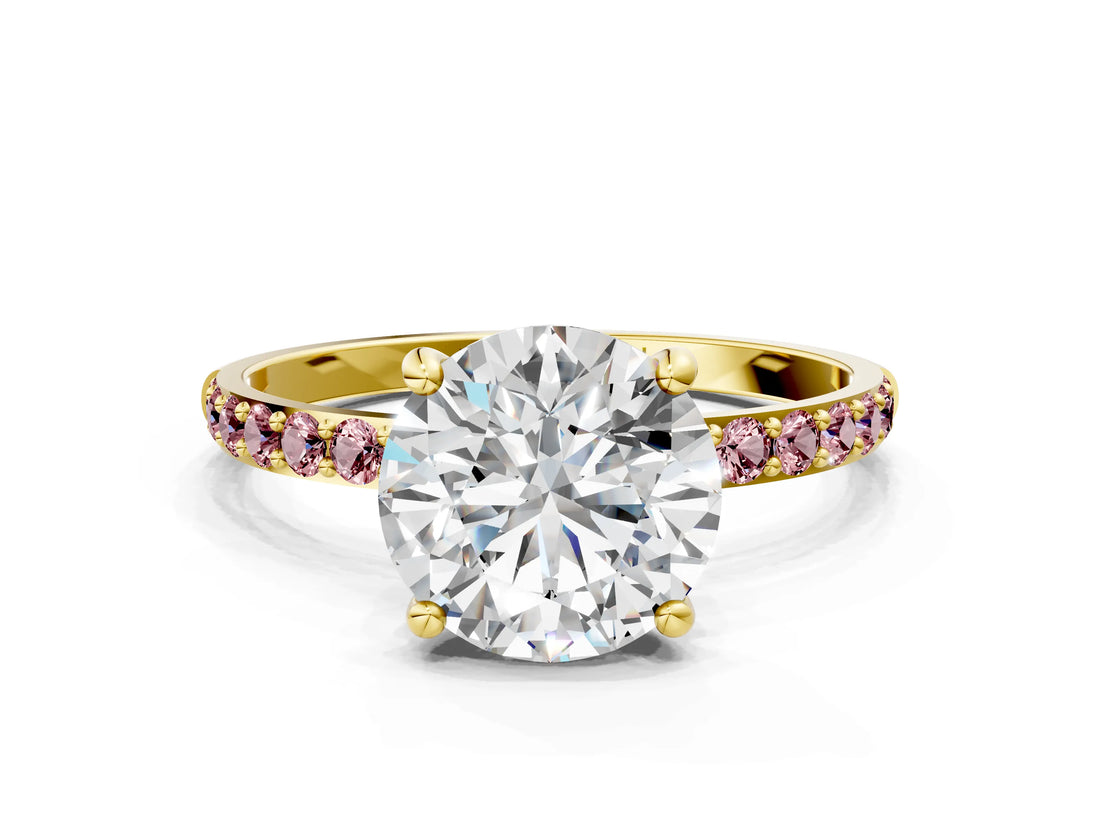 Yellow gold Round Cut Diamond Solitaire Ring with Round with Morganite side stone Pavé Band and Prong Setting_12