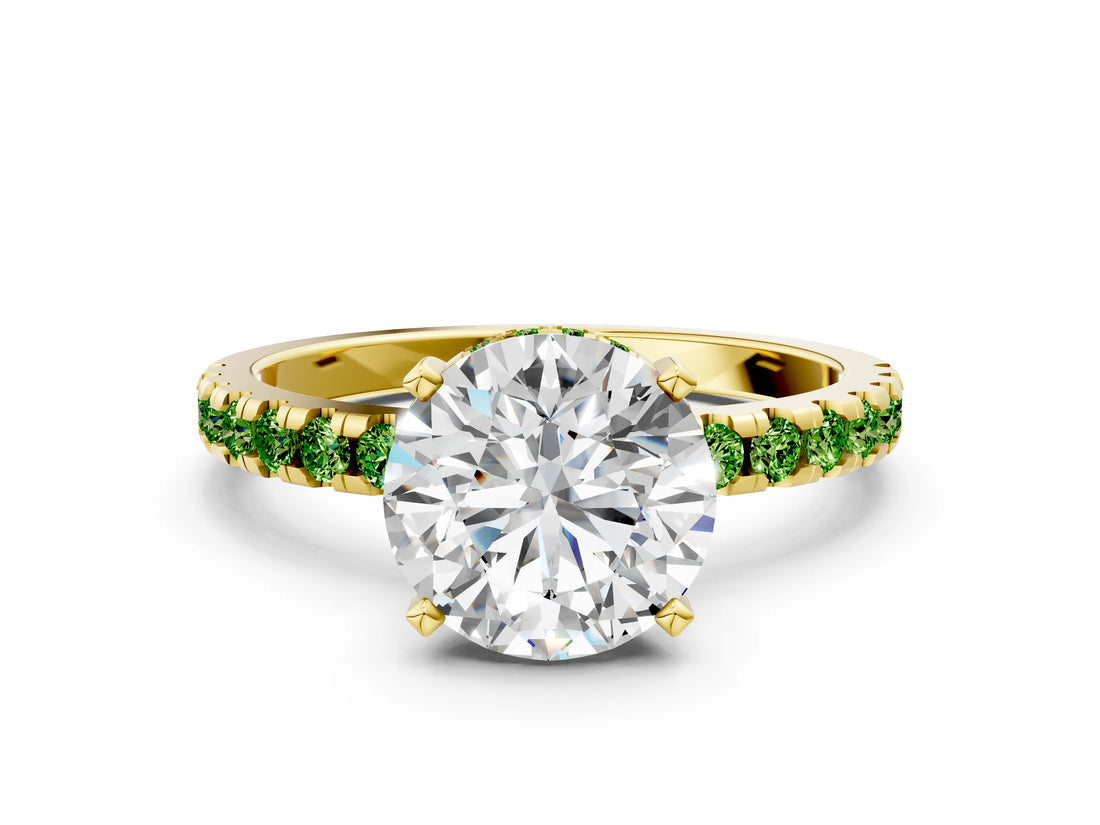 Yellow gold Round Cut Diamond Solitaire Ring with Round with Peridot side stone Pavé Band and Four-Prong Setting_36