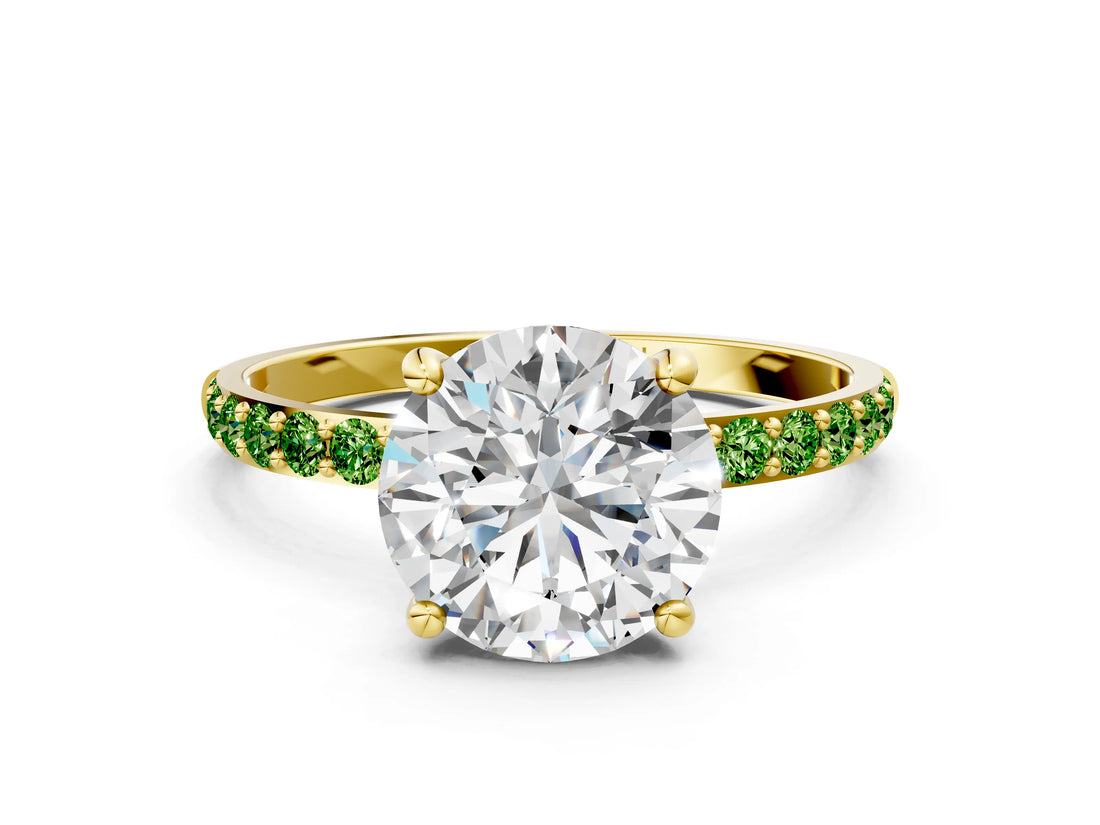 Yellow gold Round Cut Diamond Solitaire Ring with Round with Peridot side stone Pavé Band and Prong Setting