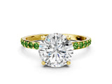 Yellow gold Round Cut Diamond Solitaire Ring with Round with Peridot side stone Pavé Band and Prong Setting