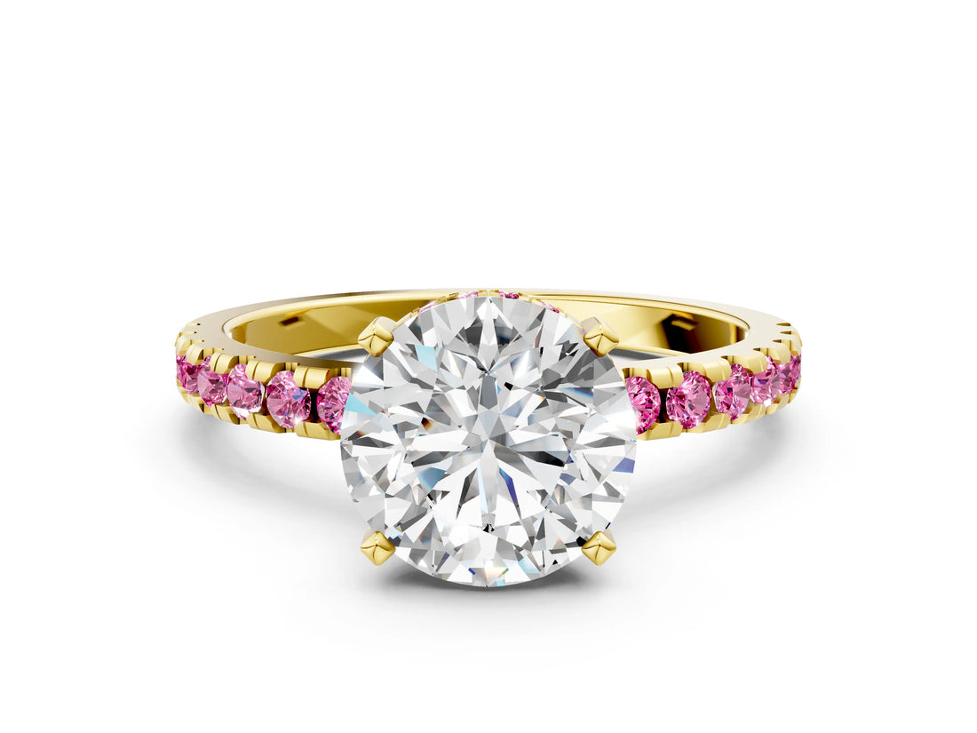 Yellow gold Round Cut Diamond Solitaire Ring with Round with Pink Sapphire side stone Pavé Band and Four-Prong Setting_36