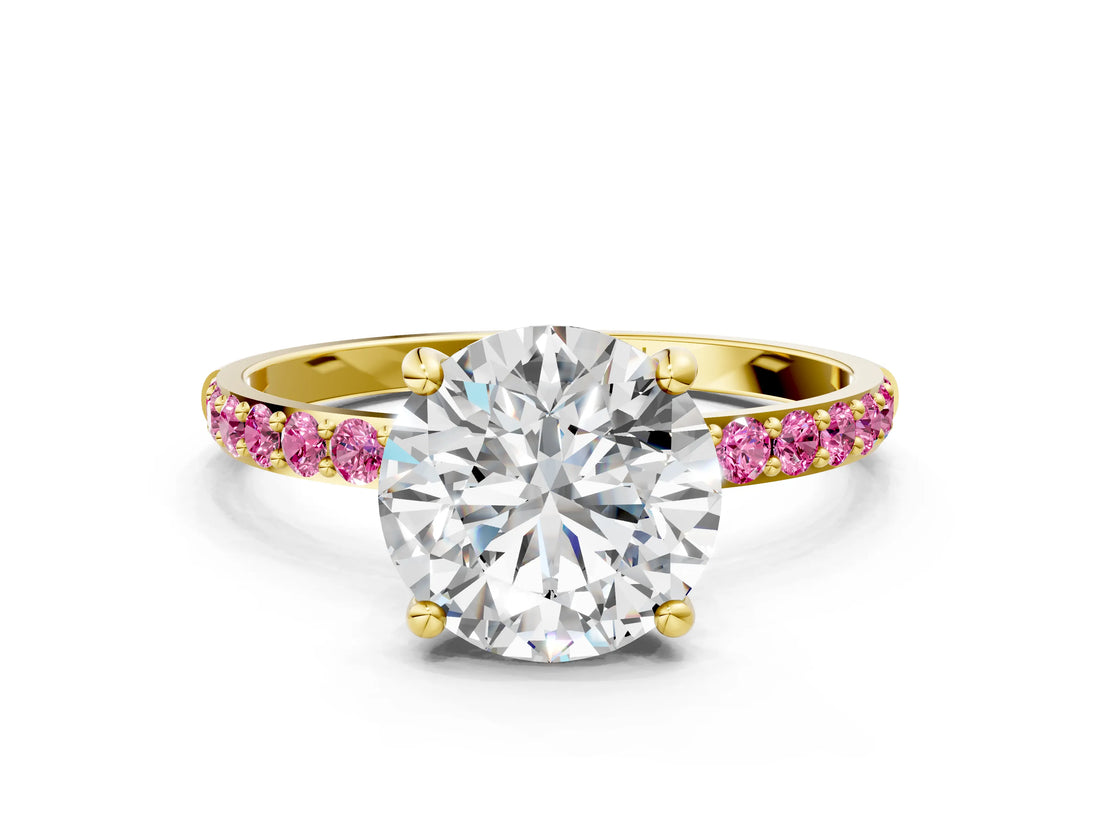 Yellow gold Round Cut Diamond Solitaire Ring with Round with Pink Sapphire side stone Pavé Band and Prong Setting_12