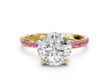 Yellow gold Round Cut Diamond Solitaire Ring with Round with Pink Sapphire side stone Pavé Band and Prong Setting_12