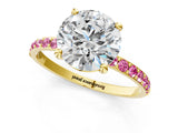 Yellow gold Round Cut Diamond Solitaire Ring with Round with Pink Sapphire side stone Pavé Band and Prong Setting_13