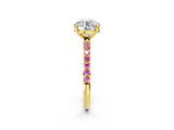 Yellow gold Round Cut Diamond Solitaire Ring with Round with Pink Sapphire side stone Pavé Band and Prong Setting_14