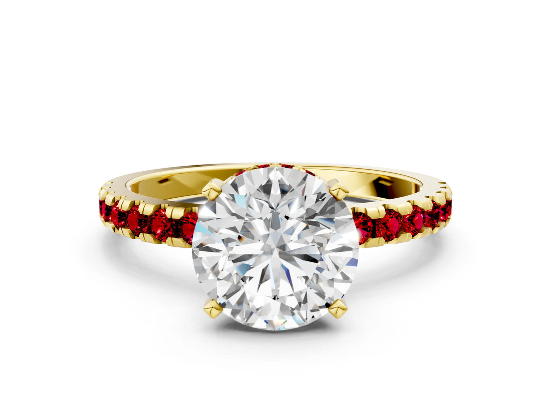 Yellow gold Round Cut Diamond Solitaire Ring with Round with Ruby side stone Pavé Band and Four-Prong Setting_36