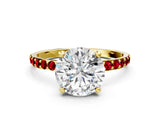 Yellow gold Round Cut Diamond Solitaire Ring with Round with Ruby side stone Pavé Band and Prong Setting_36