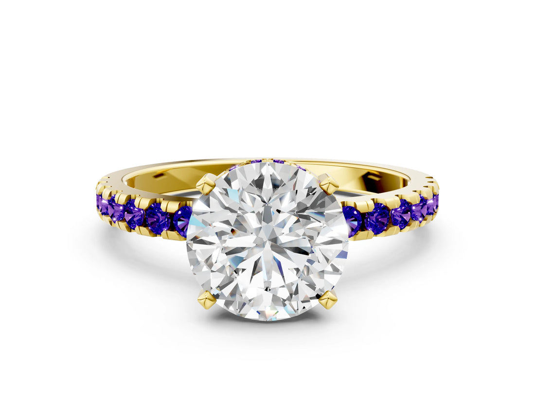 Yellow gold Round Cut Diamond Solitaire Ring with Round with Tanzanite side stone Pavé Band and Four-Prong Setting_36