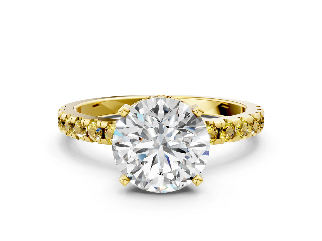Yellow gold Round Cut Diamond Solitaire Ring with Round with Yellow Sapphire side stone Pavé Band and Four-Prong Setting_36