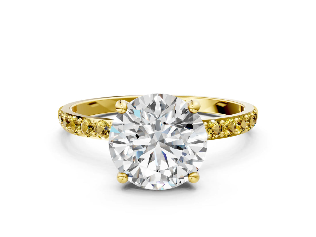 Yellow gold Round Cut Diamond Solitaire Ring with Round with Yellow Sapphire side stone Pavé Band and Prong Setting_12