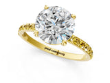 Yellow gold Round Cut Diamond Solitaire Ring with Round with Yellow Sapphire side stone Pavé Band and Prong Setting_13
