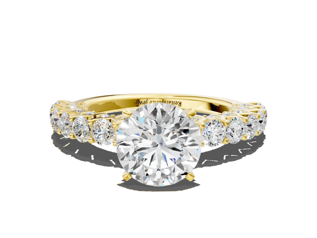 Yellow gold Round Cut Diamond Solitaire Ring with Shared Prong Pavé Band and Four-Prong Setting_84