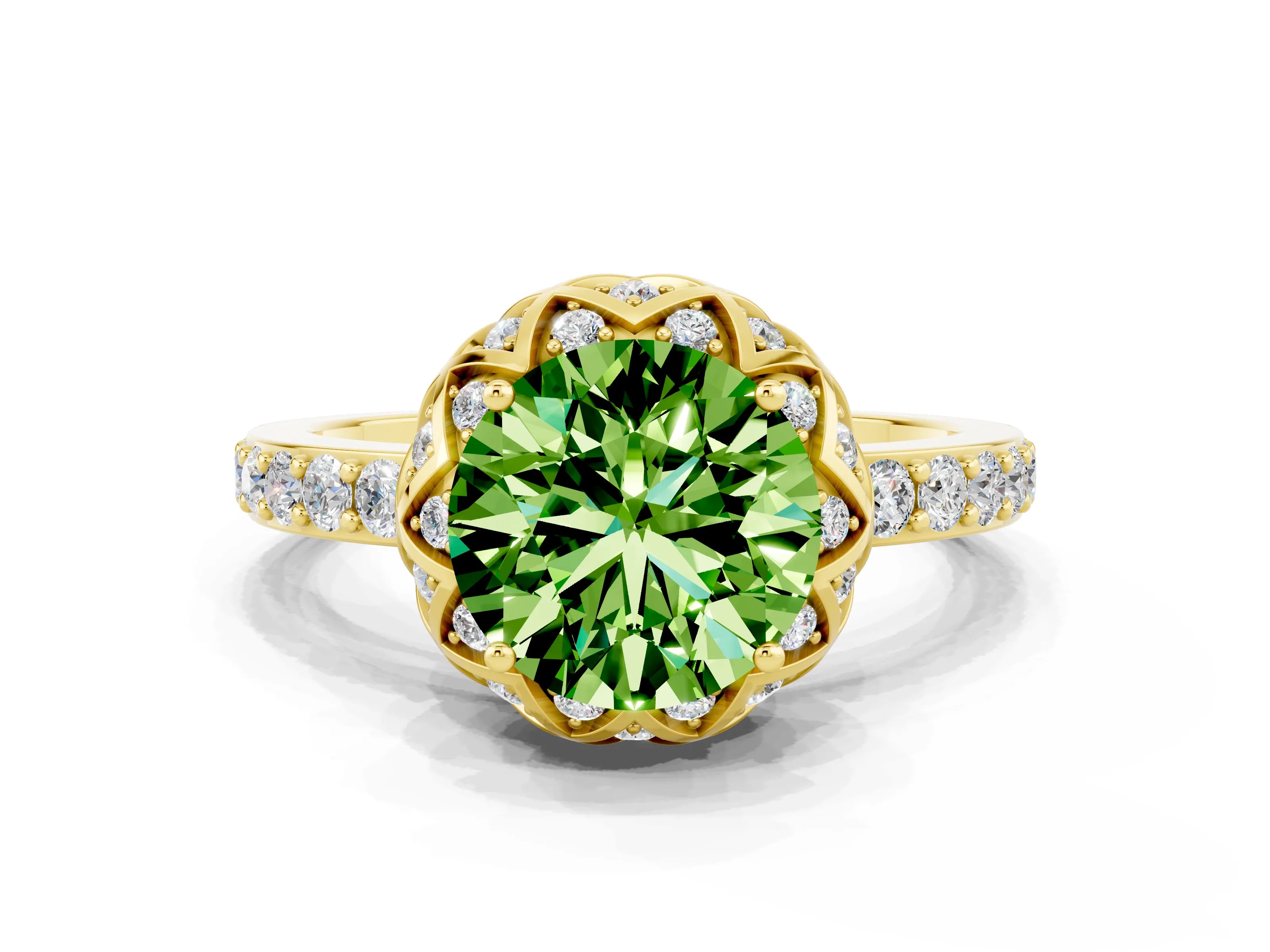 Yellow gold Round Cut Diamond Solitaire Ring with Shared Prong Pavé Band
