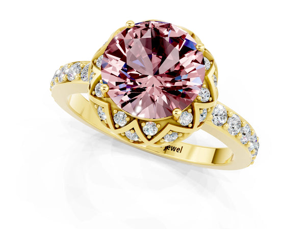 Yellow gold Round Cut Diamond Solitaire Ring with Shared Prong Pavé Band