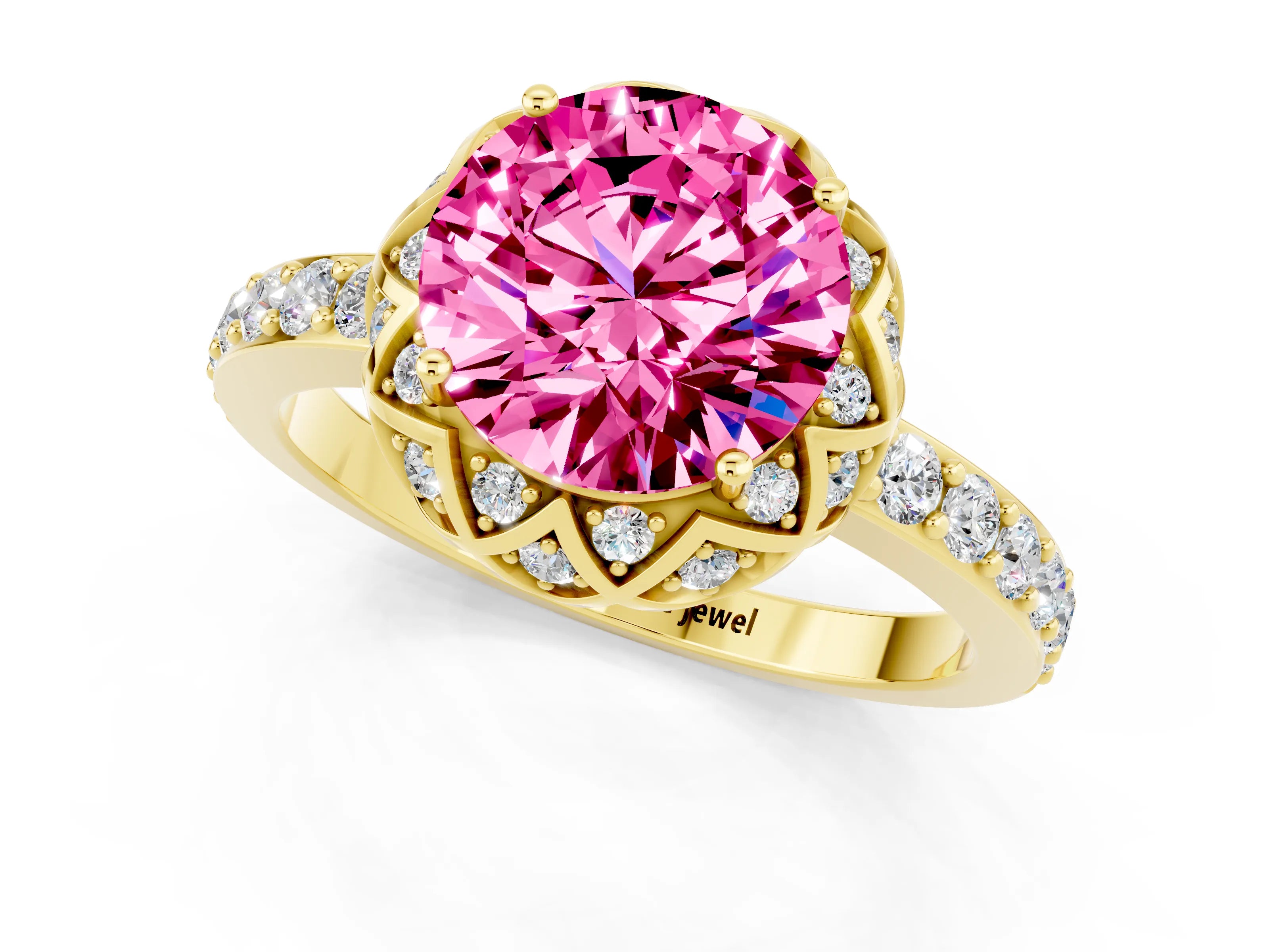 Yellow gold Round Cut Diamond Solitaire Ring with Shared Prong Pavé Band_1