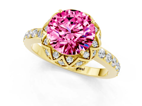 Yellow gold Round Cut Diamond Solitaire Ring with Shared Prong Pavé Band_1