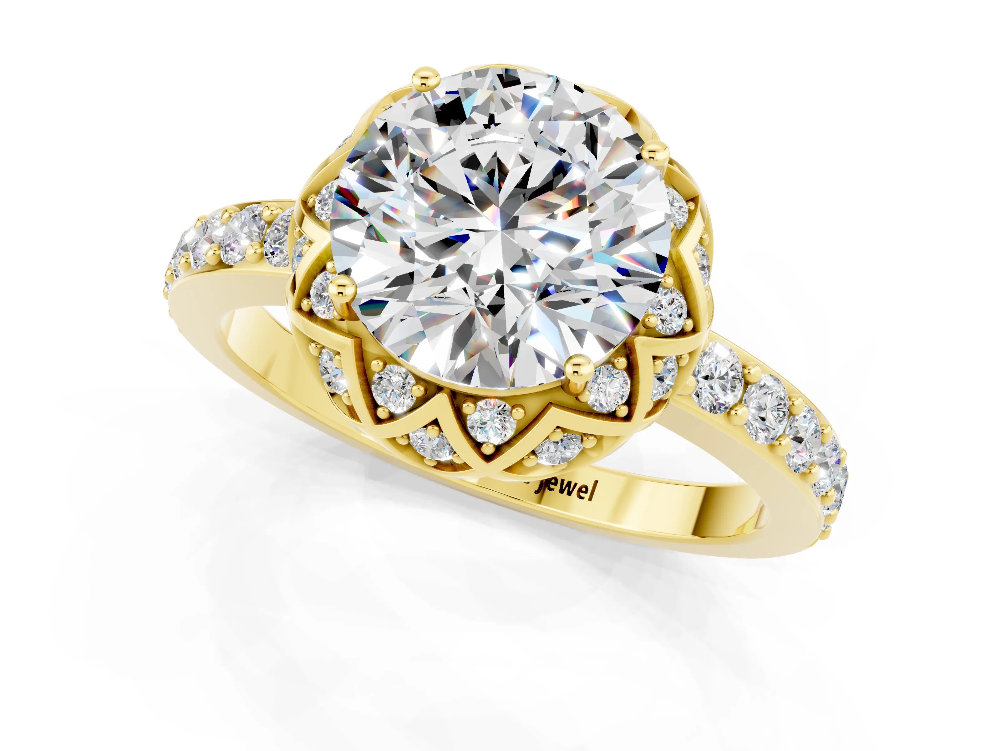 Yellow gold Round Cut Diamond Solitaire Ring with Shared Prong Pavé Band_1