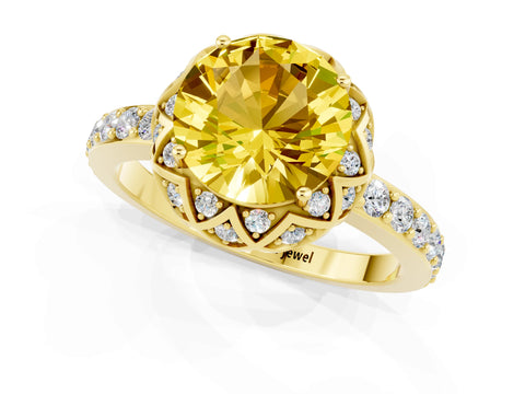 Yellow gold Round Cut Diamond Solitaire Ring with Shared Prong Pavé Band_1