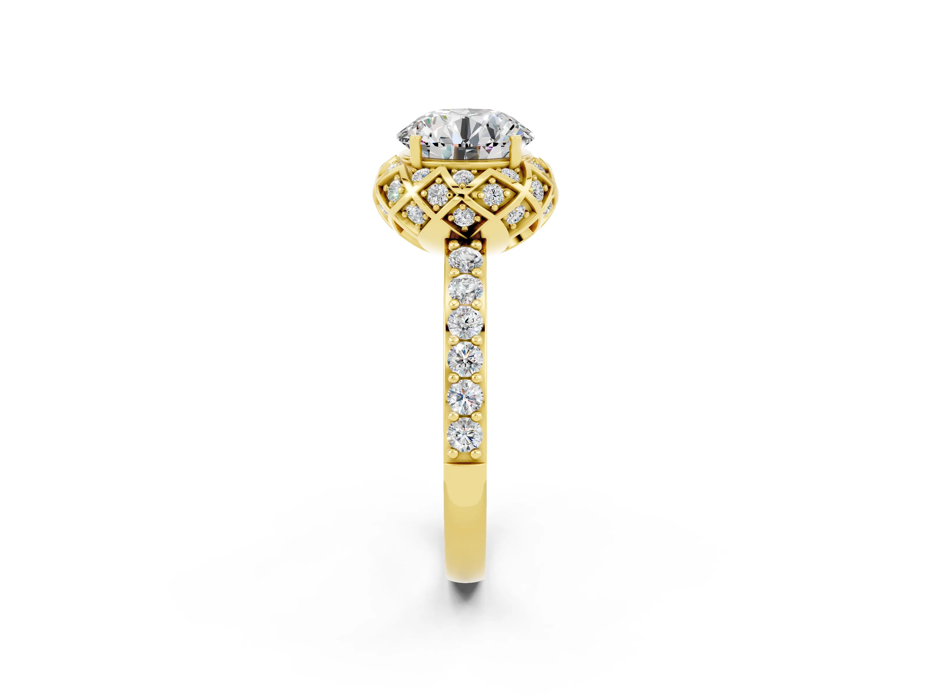 Yellow gold Round Cut Diamond Solitaire Ring with Shared Prong Pavé Band_2