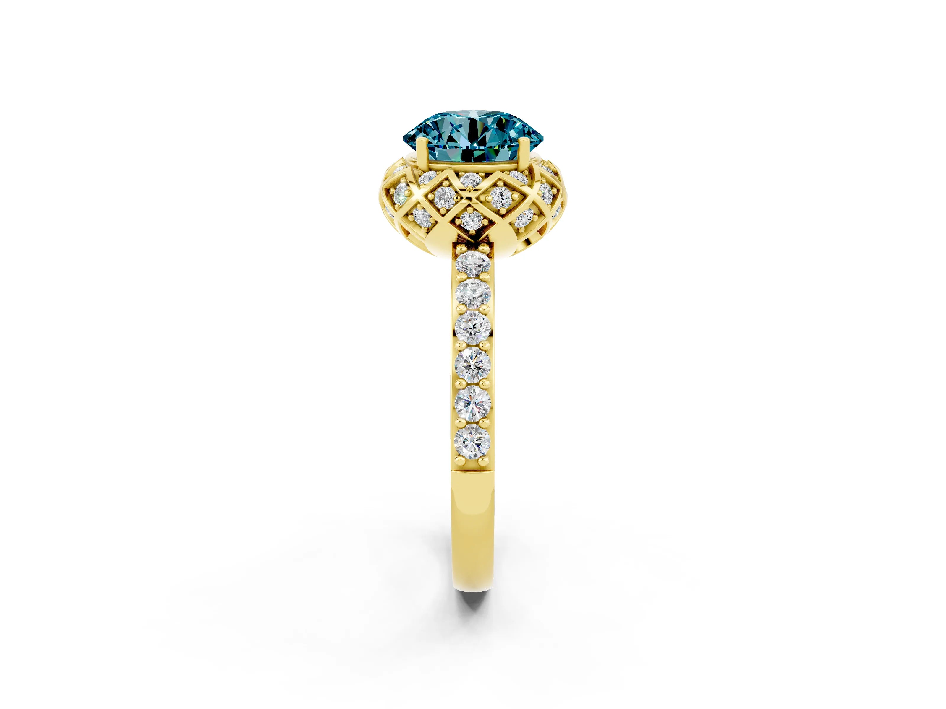 Yellow gold Round Cut Diamond Solitaire Ring with Shared Prong Pavé Band_2