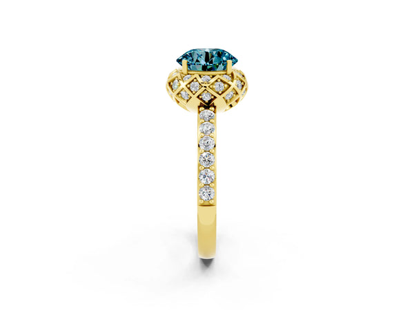 Yellow gold Round Cut Diamond Solitaire Ring with Shared Prong Pavé Band