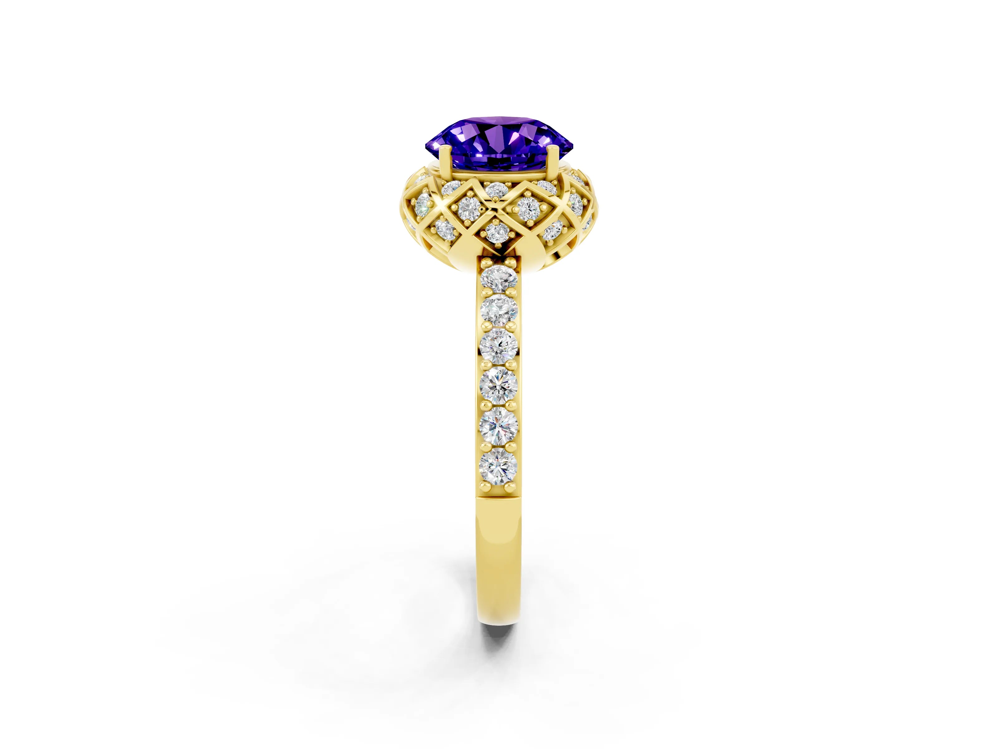 Yellow gold Round Cut Diamond Solitaire Ring with Shared Prong Pavé Band_2