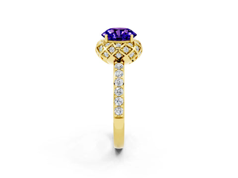 Yellow gold Round Cut Diamond Solitaire Ring with Shared Prong Pavé Band_2