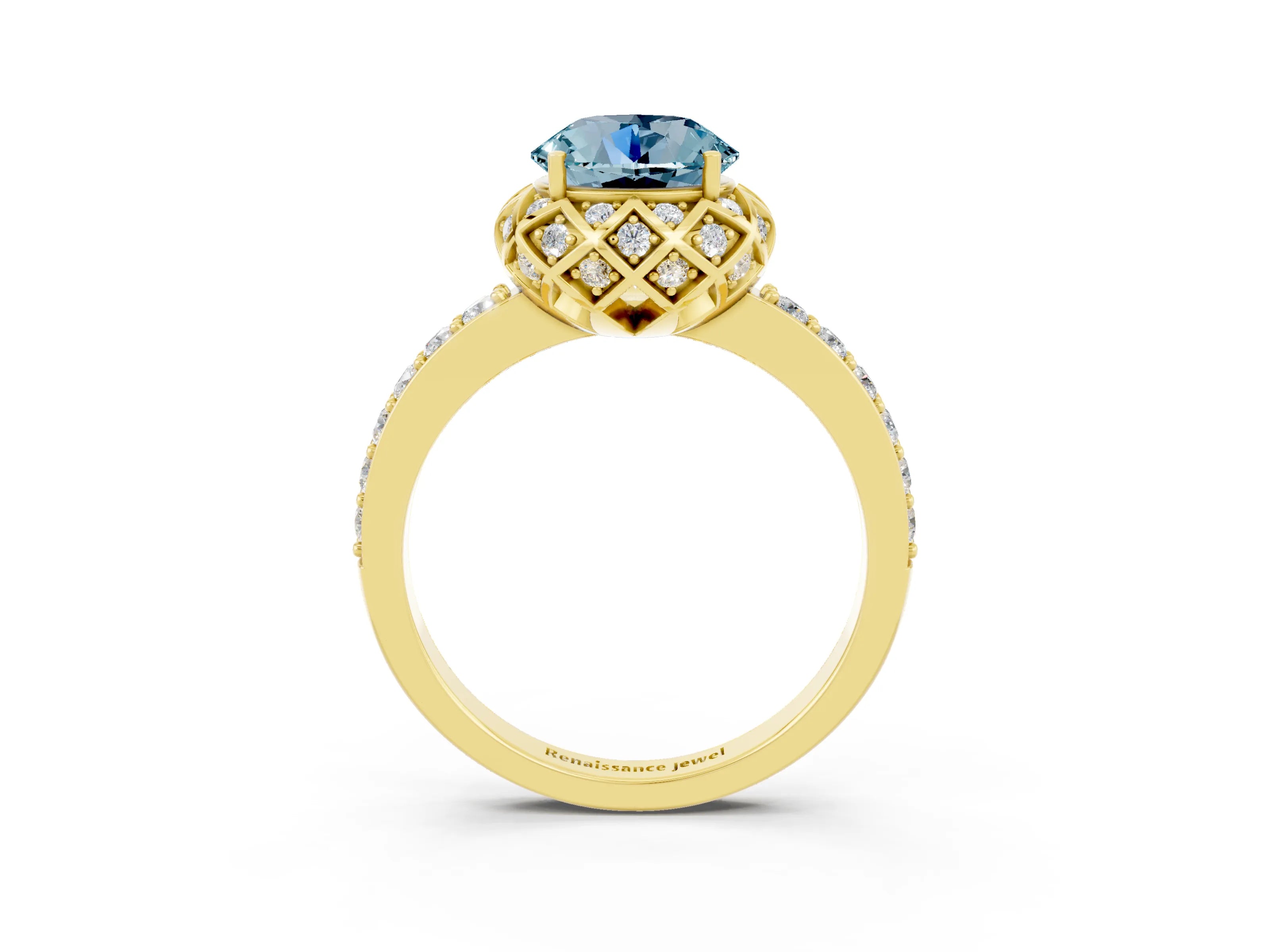 Yellow gold Round Cut Diamond Solitaire Ring with Shared Prong Pavé Band_3