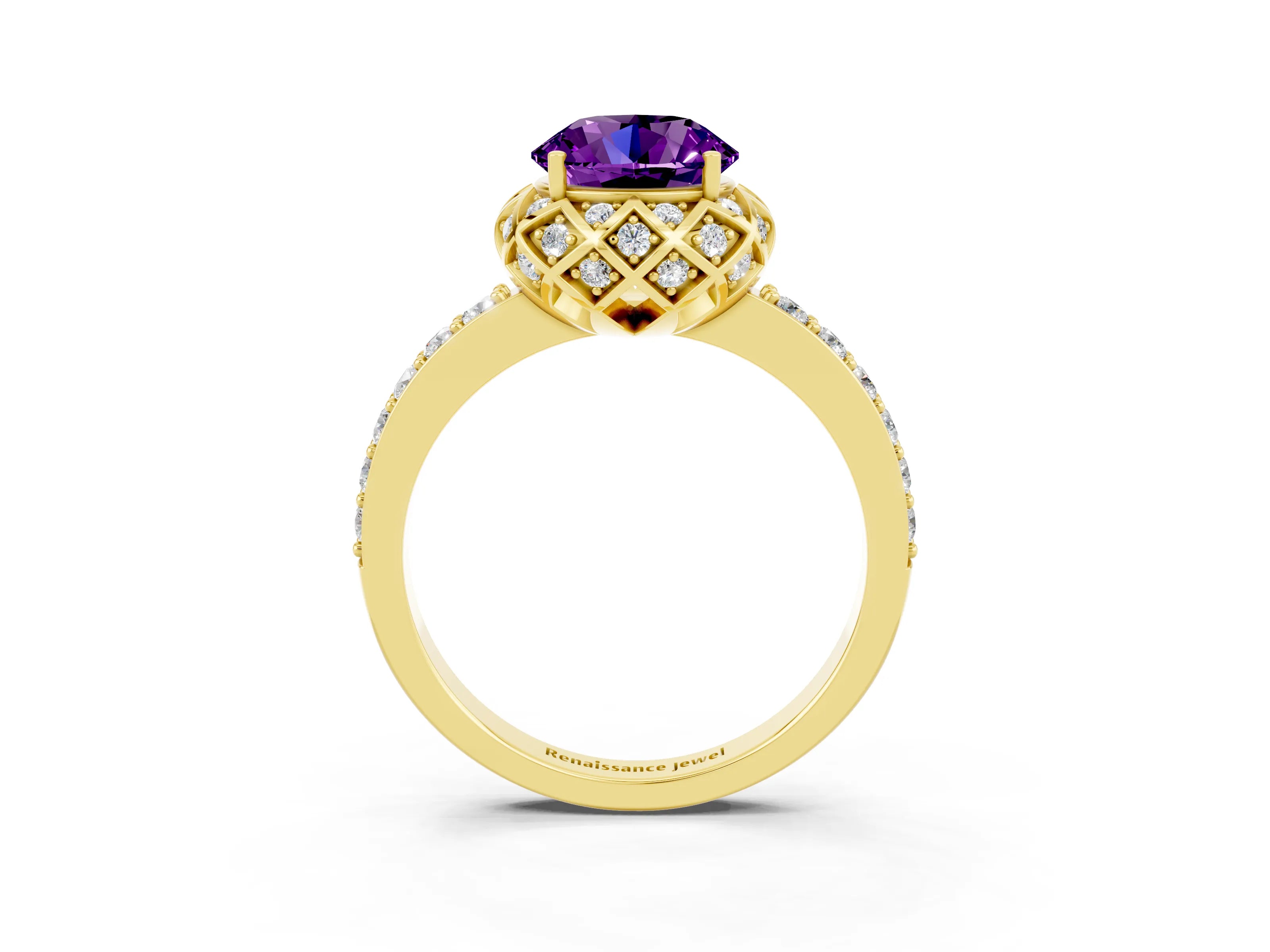 Yellow gold Round Cut Diamond Solitaire Ring with Shared Prong Pavé Band_3