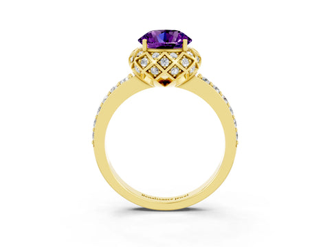 Yellow gold Round Cut Diamond Solitaire Ring with Shared Prong Pavé Band_3