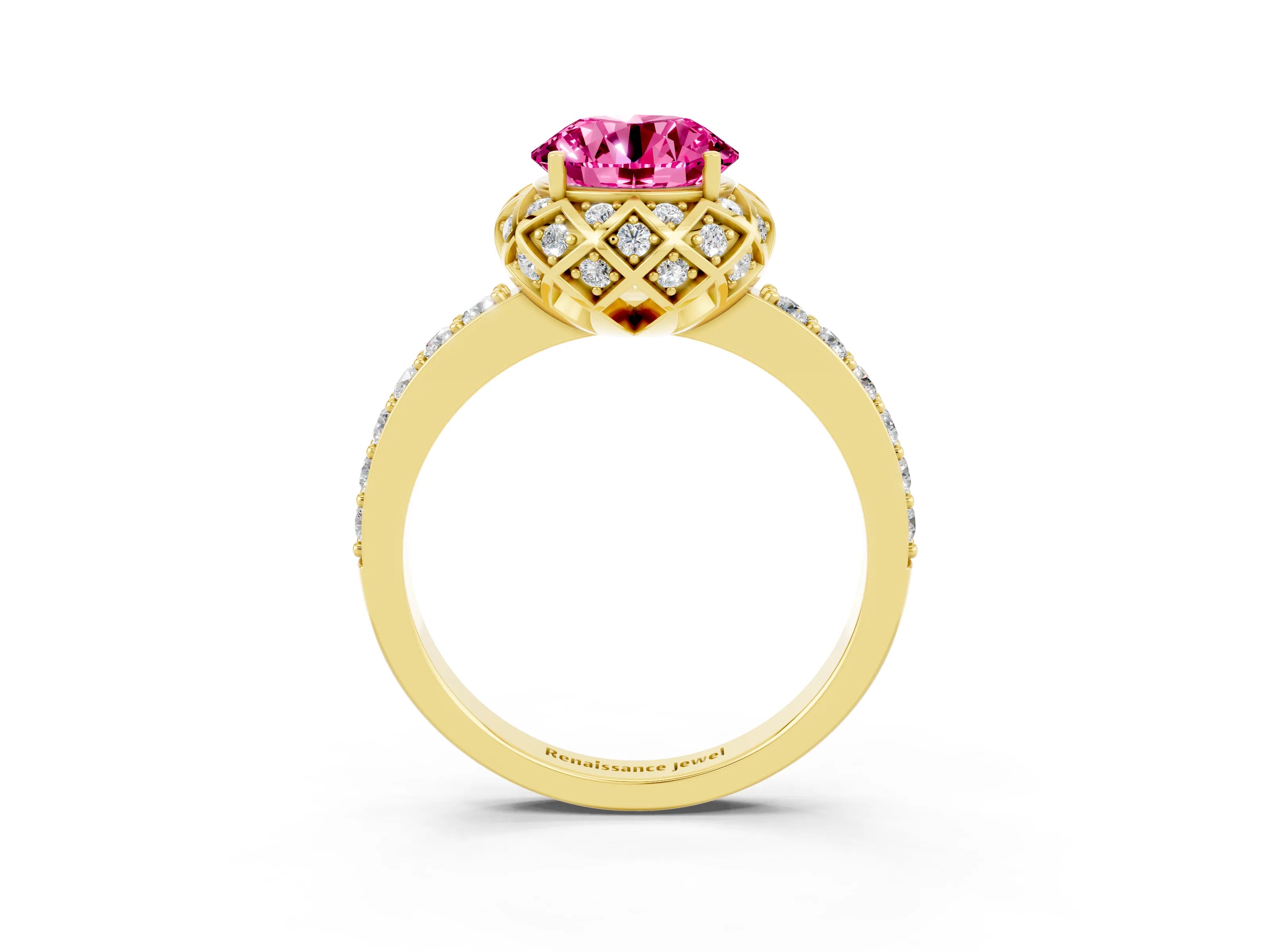 Yellow gold Round Cut Diamond Solitaire Ring with Shared Prong Pavé Band_3