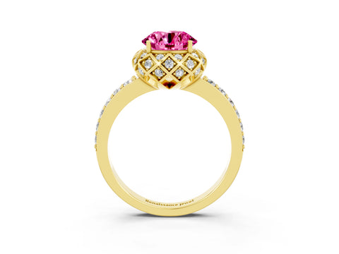 Yellow gold Round Cut Diamond Solitaire Ring with Shared Prong Pavé Band_3