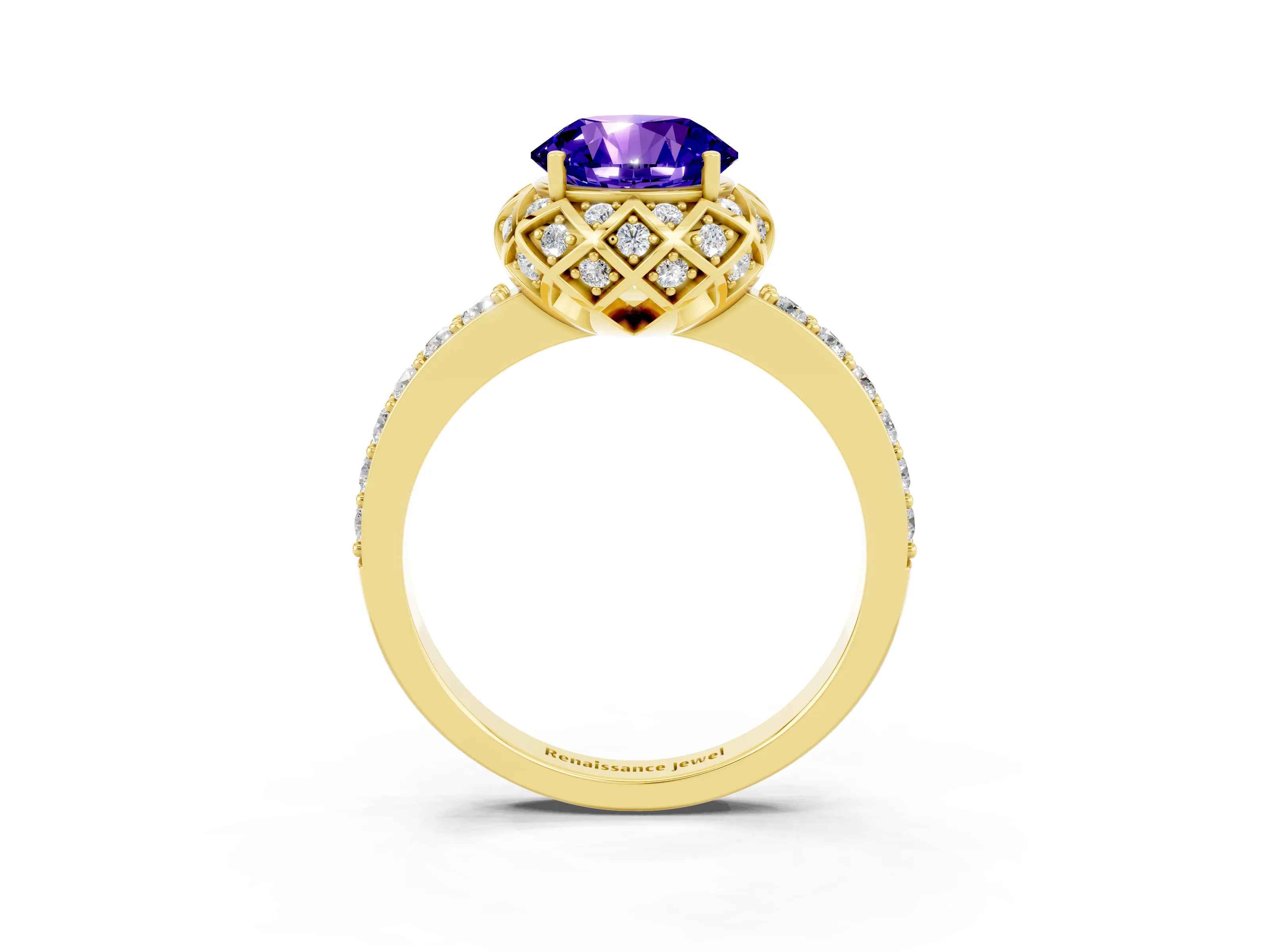 Yellow gold Round Cut Diamond Solitaire Ring with Shared Prong Pavé Band_3