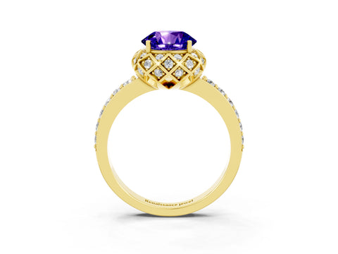 Yellow gold Round Cut Diamond Solitaire Ring with Shared Prong Pavé Band_3