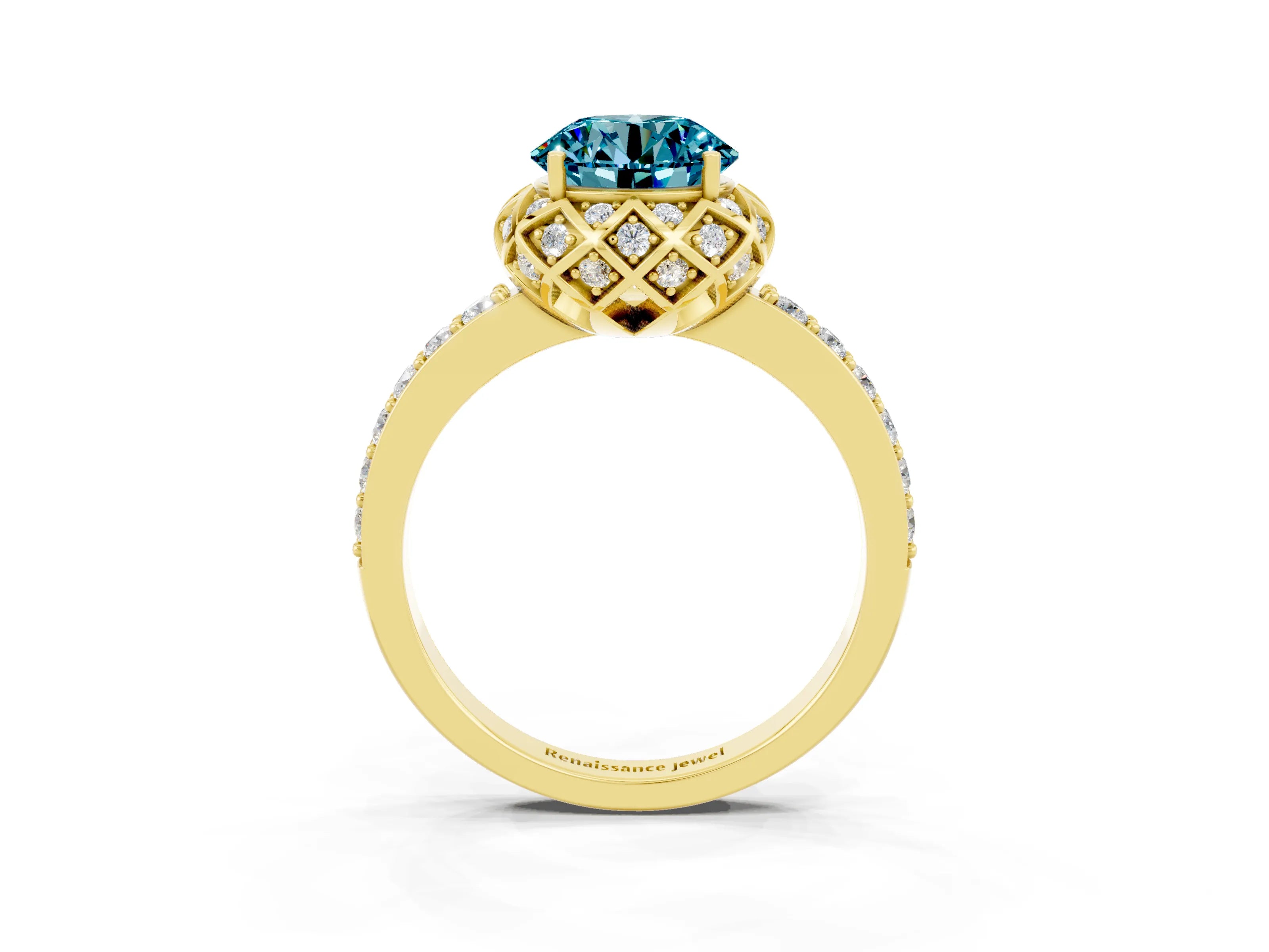 Yellow gold Round Cut Diamond Solitaire Ring with Shared Prong Pavé Band_3